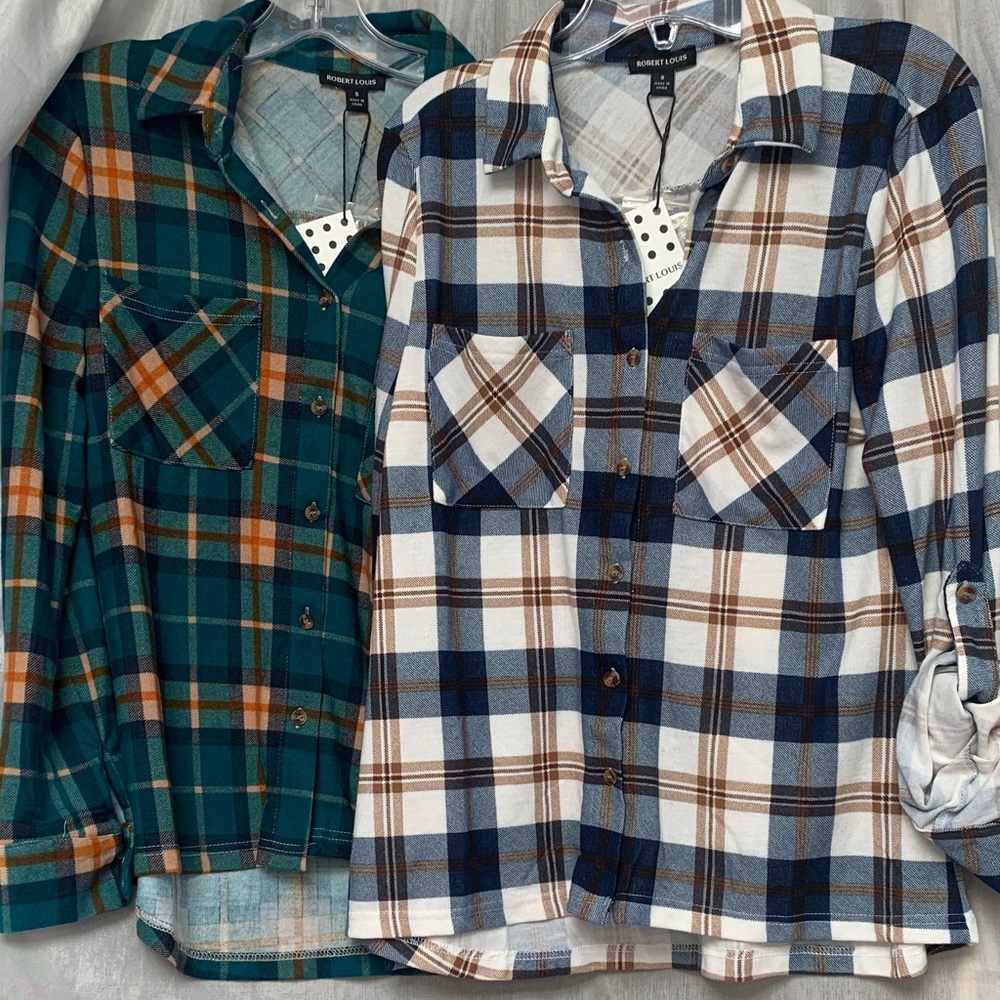 Robert Louis Plaid Button-Down Shirt Duo in Green/Orange and Blue/Brown